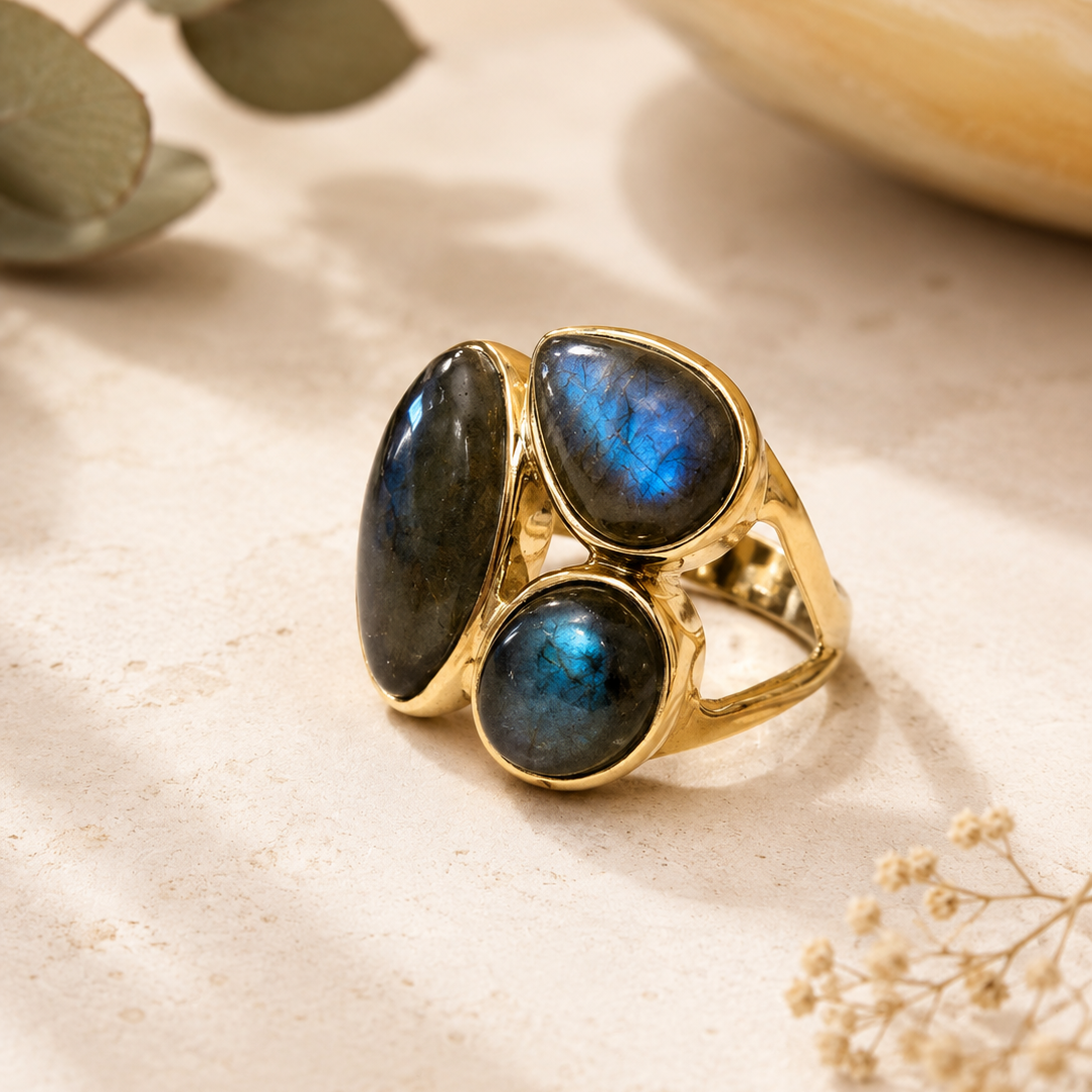 Labradorit Ring vergoldet 925 Silber – Größe 58