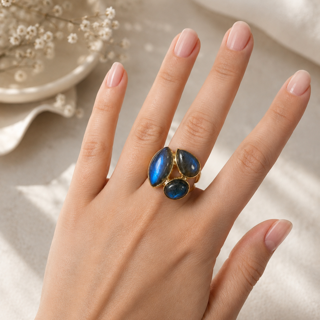 Labradorit Ring vergoldet 925 Silber – Größe 58