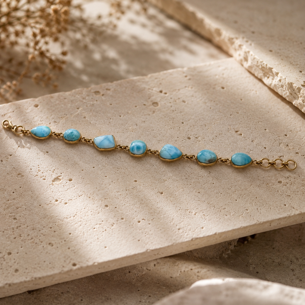 Vergoldetes Larimar Armband aus 925 Sterling Silber