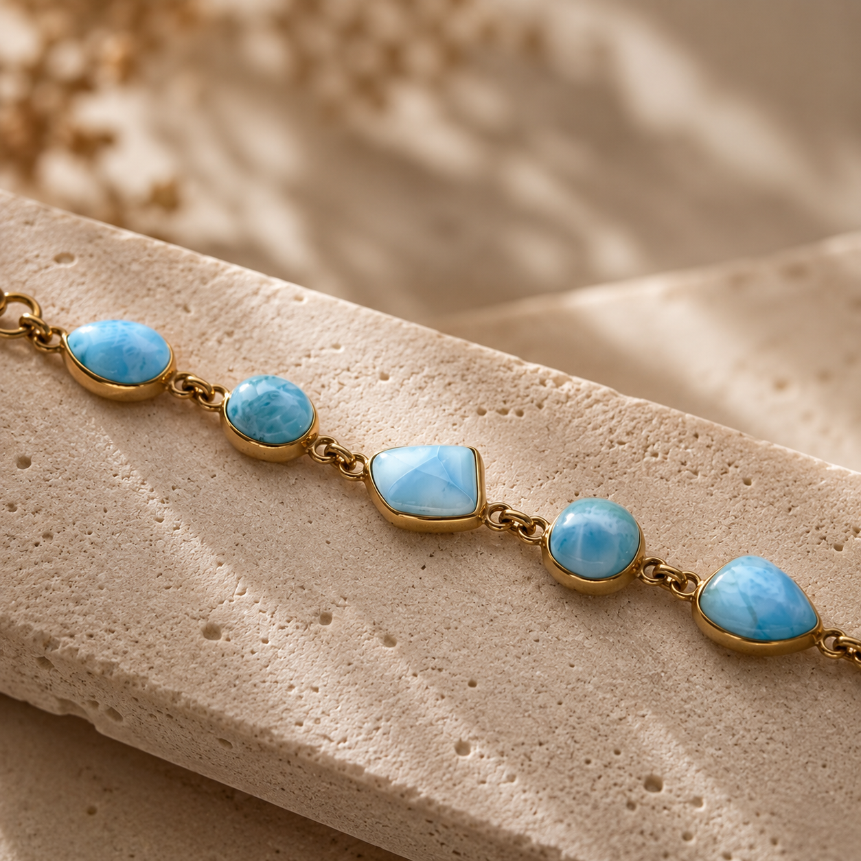 Vergoldetes Larimar Armband aus 925 Sterling Silber