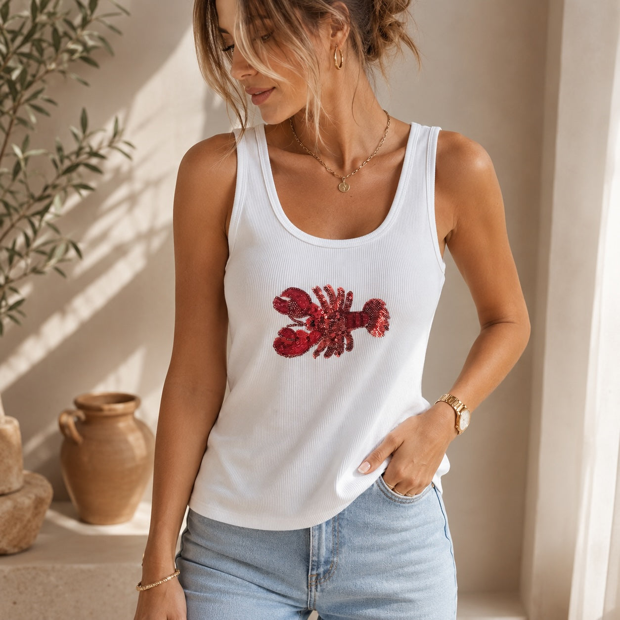 Lobster Tanktop aus 100 % Baumwolle – Weiß | Einheitsgröße (34–42)