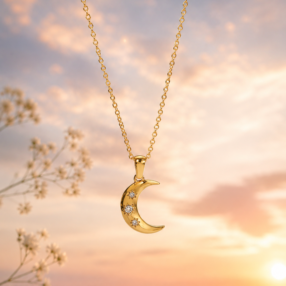 Stardust Moon Kette – Goldene Edelstahl Kette mit Mond & Sternen