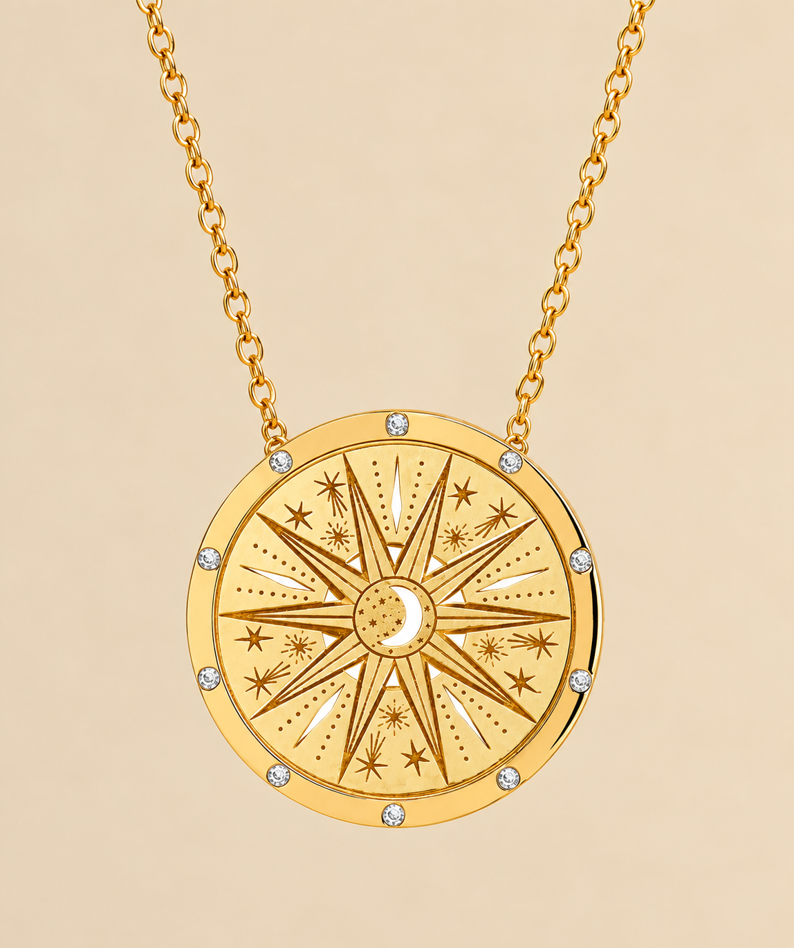 Mystic Moon Compass goldene Mondkette aus Edelstahl mit rundem Vintage-Anhänger