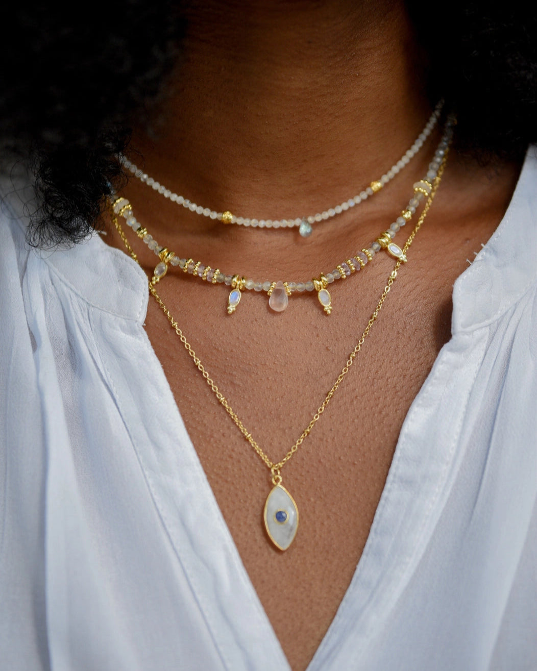 Amaya Kette – Labradorit, Mondstein & Amethyst