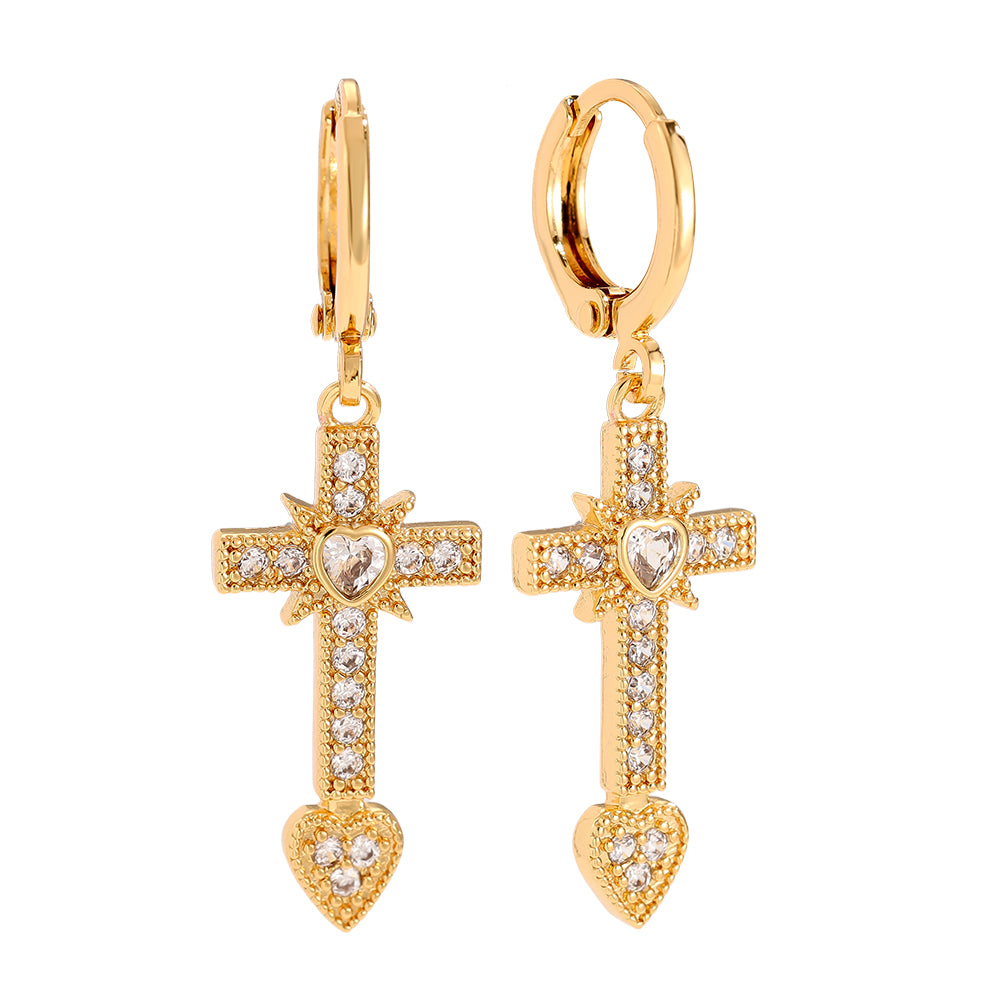 Pastel Diamond Cross Ohrringe – Vergoldete Creolen mit Kreuz