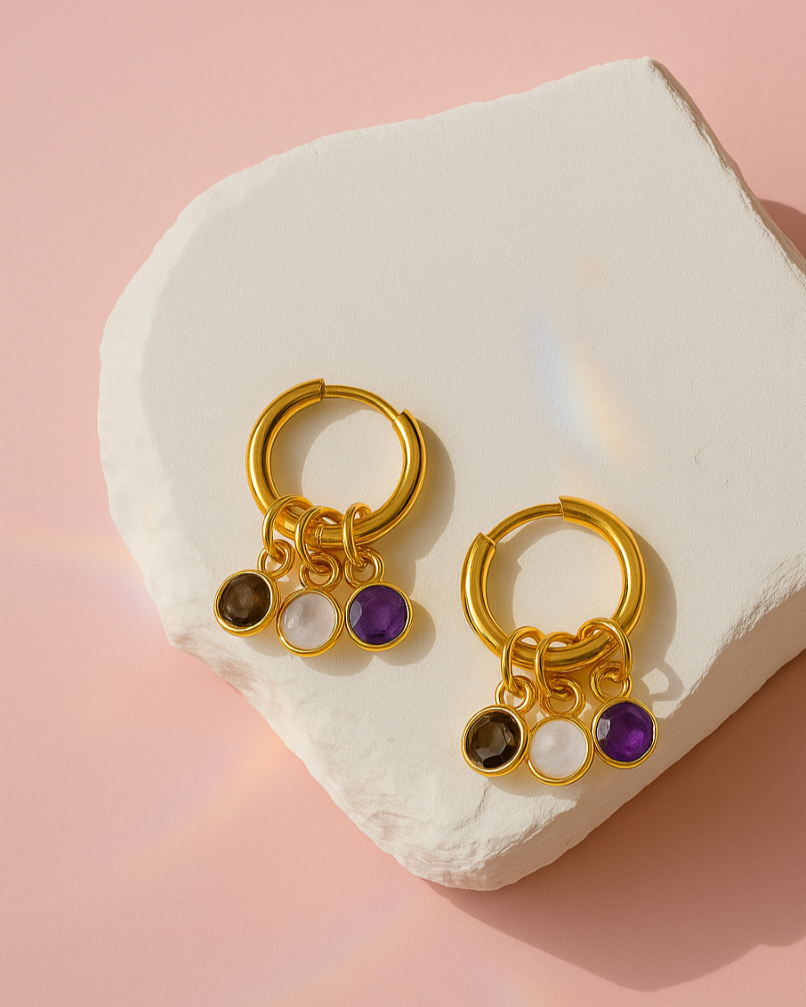 Triluna Hoops – Rauchquarz, Amethyst & Mondstein