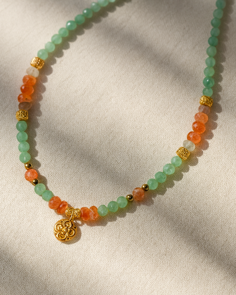 Oranya Kette – Aventurin, Sonnenstein & Kleeblatt