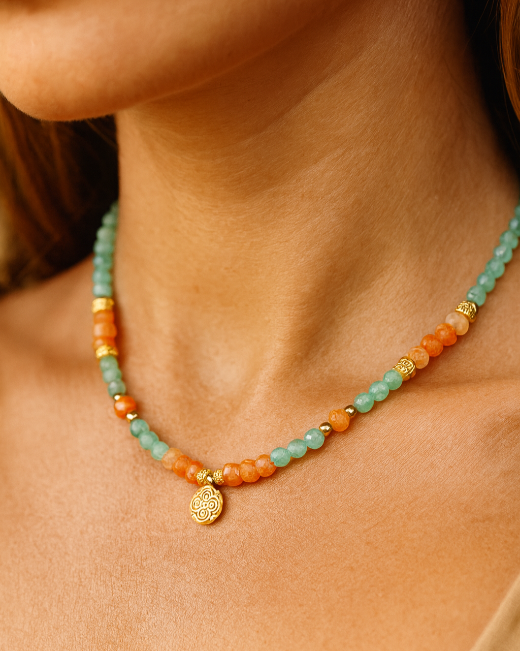 Oranya Kette – Aventurin, Sonnenstein & Kleeblatt