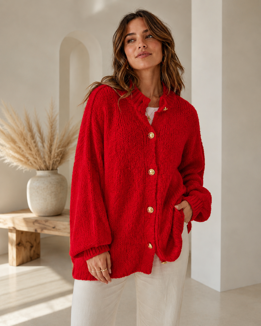 Längerer Oversize Cardigan - Leuchtendes Rot