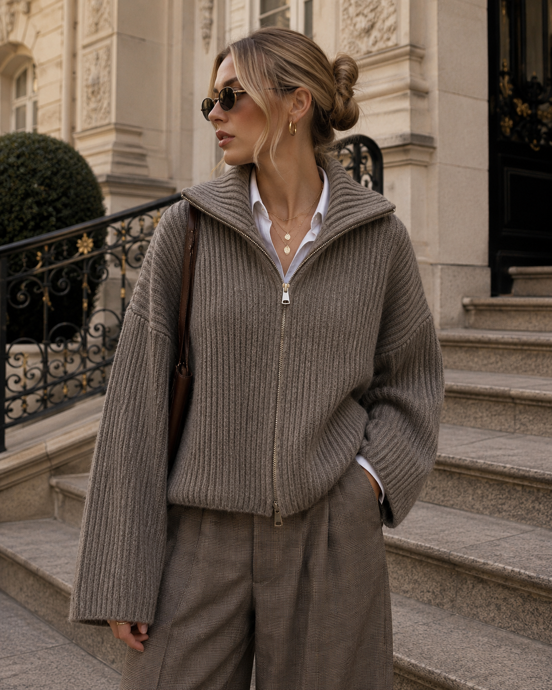 Oversized Zip Cardigan - Greige