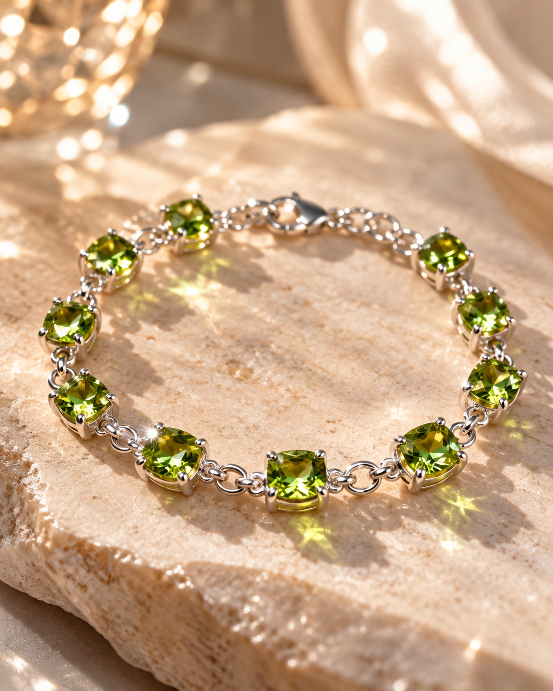 Hochwertiges Peridot Armband aus 925 Sterling Silber mit facettierten, leuchtend grünen Edelsteinen in eleganter Krappenfassung und funkelnden Lichtreflexen.