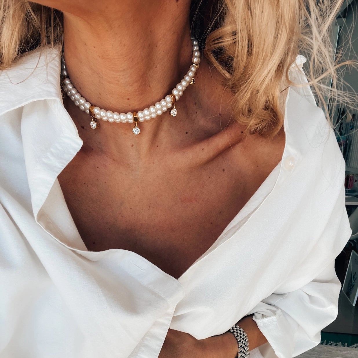 Perlen Choker mit Goldenem Kristall-Anhänger