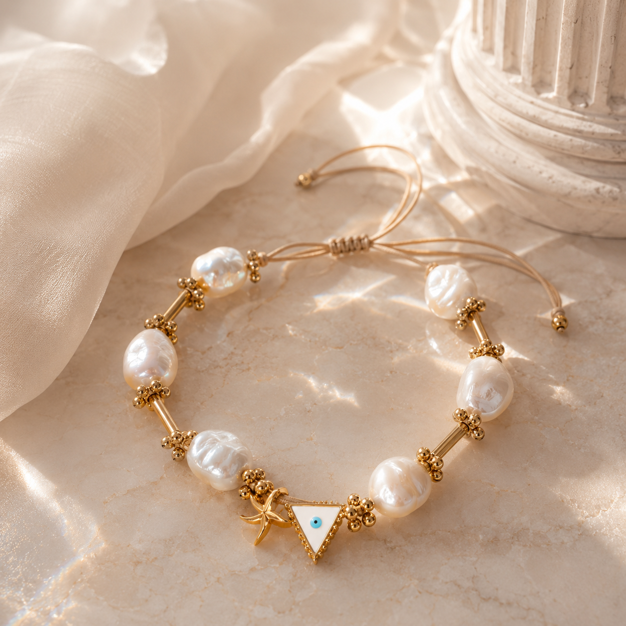 Perlenarmband „Amphitrite“ mit Seestern & Nazar