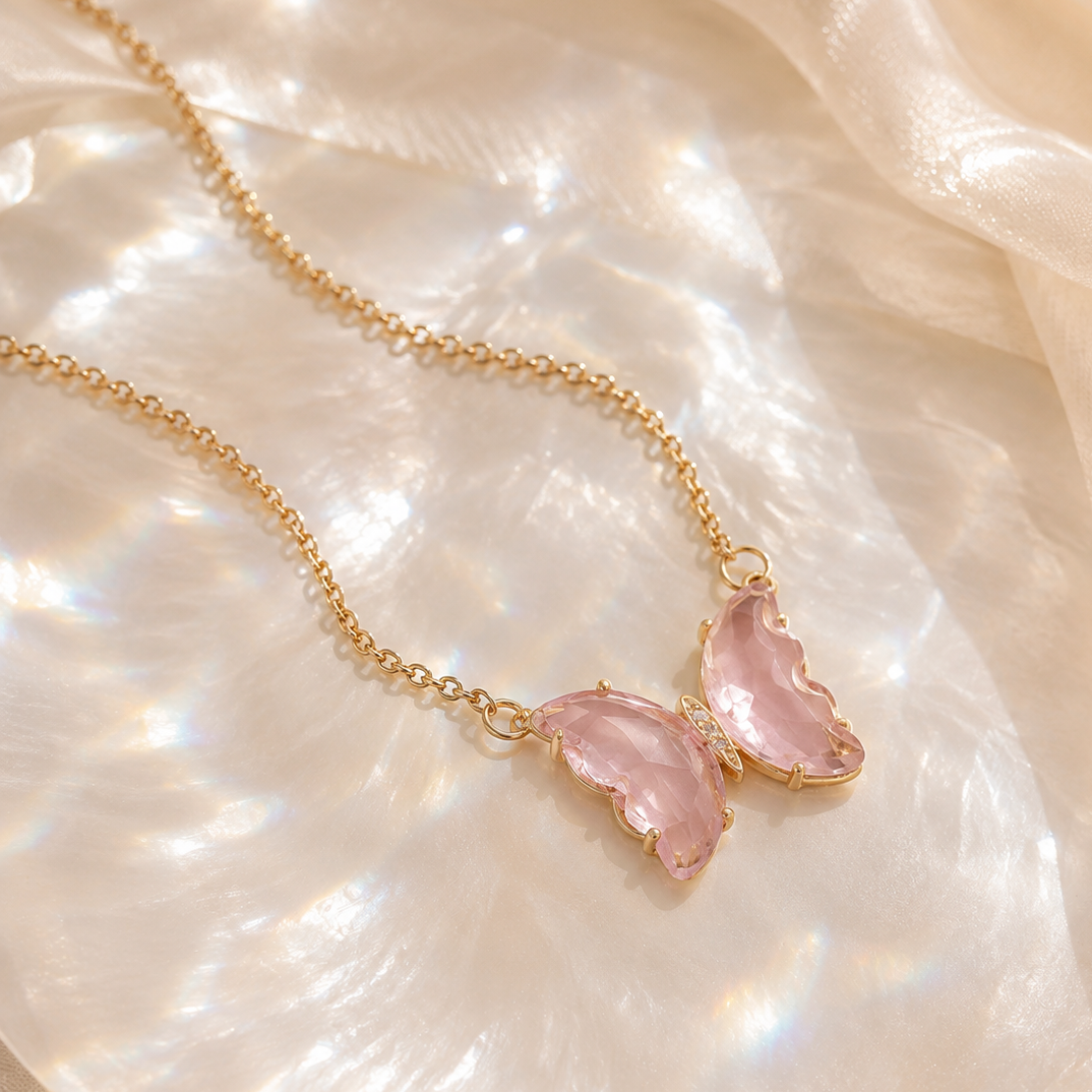 Pink Crystal Butterfly Kette – Edelstahl Halskette mit funkelndem Schmetterling