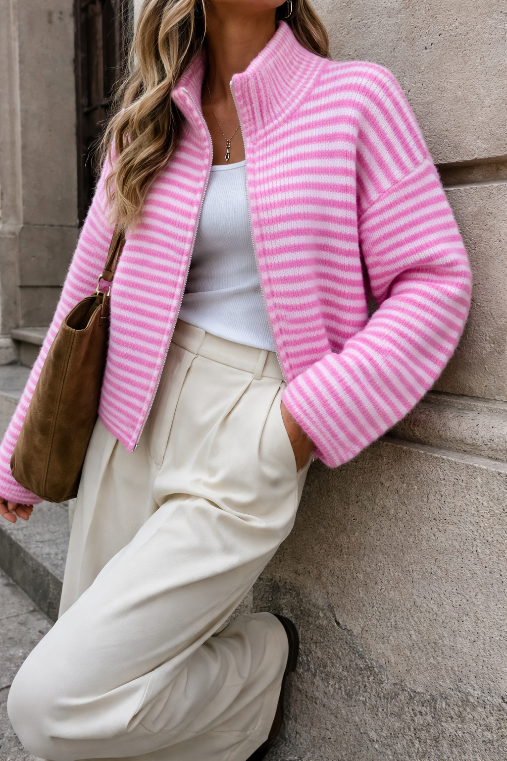 Pink gestreifte Zipper Strickjacke