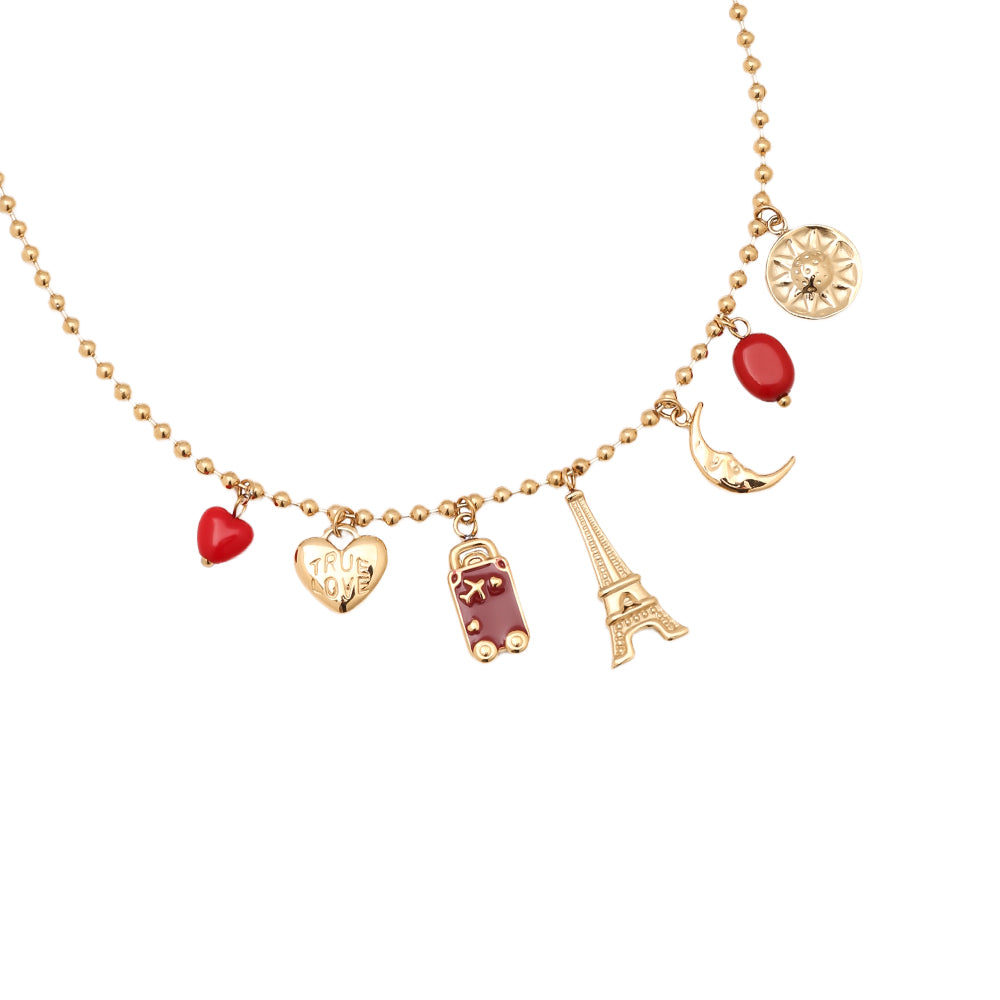 Paris Charms Kette aus Edelstahl – 40 cm mit roten Anhängern