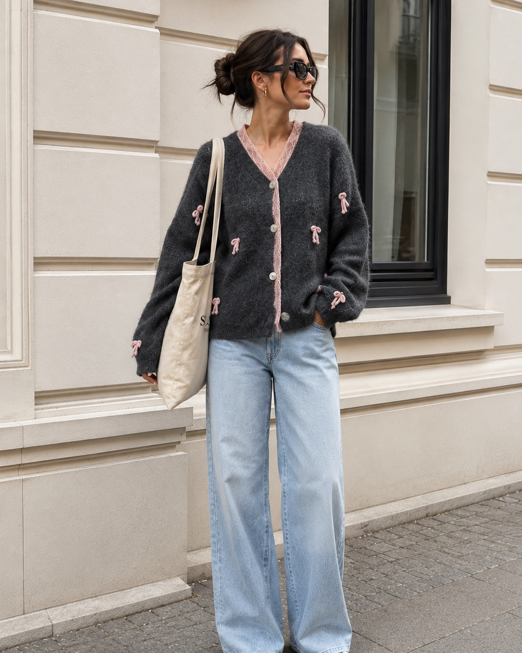 Romantic Lace Cardigan Grau – mit Spitzen- & Schleifen-Details
