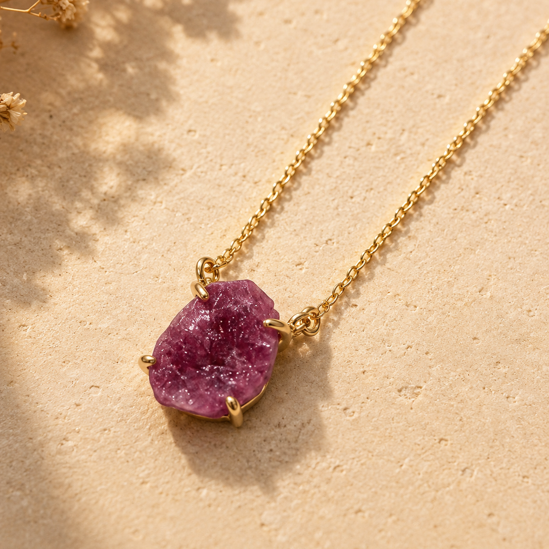 Vergoldete Rubin Rohstein Kette aus 925 Silber – Edelsteinkette