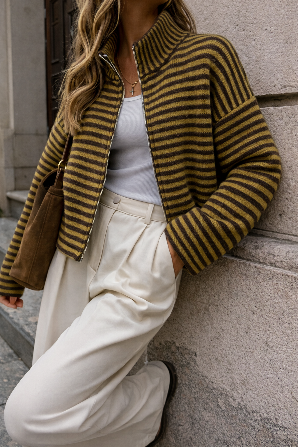 Schoko Matcha gestreifte Zipper Strickjacke