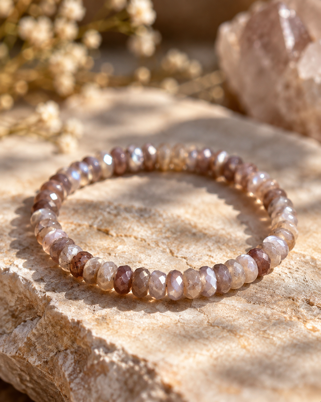 Facettiertes Schoko Mondstein Armband mit natürlichen Edelsteinen in Braun, Taupe, Rosé und Grau auf hellem Naturstein.