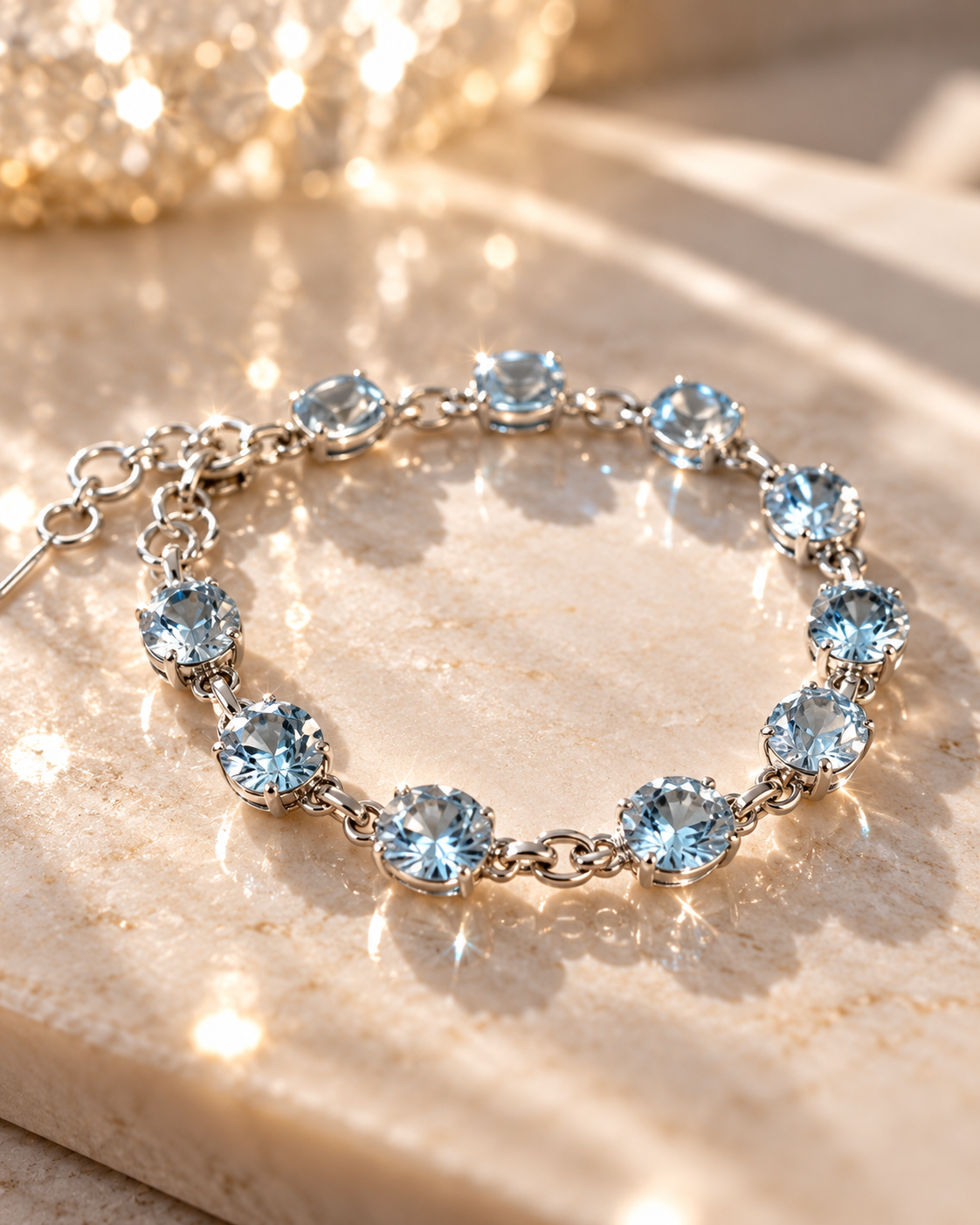 Exklusives Sky Blue Topas Armband aus 925 Sterling Silber mit runden, facettierten hellblauen Edelsteinen auf beigem Naturstein mit funkelnden Lichtreflexen.