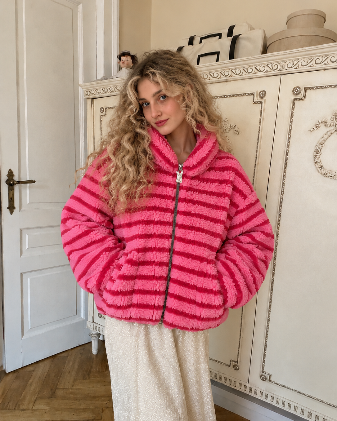 Striped Teddy Zipper Jacket