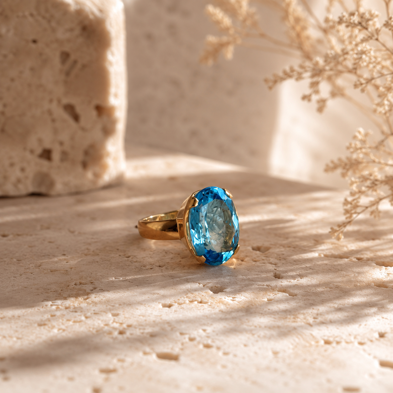 Swiss Blue Topas Ring aus 925 Sterling Silber vergoldet | Größe 56