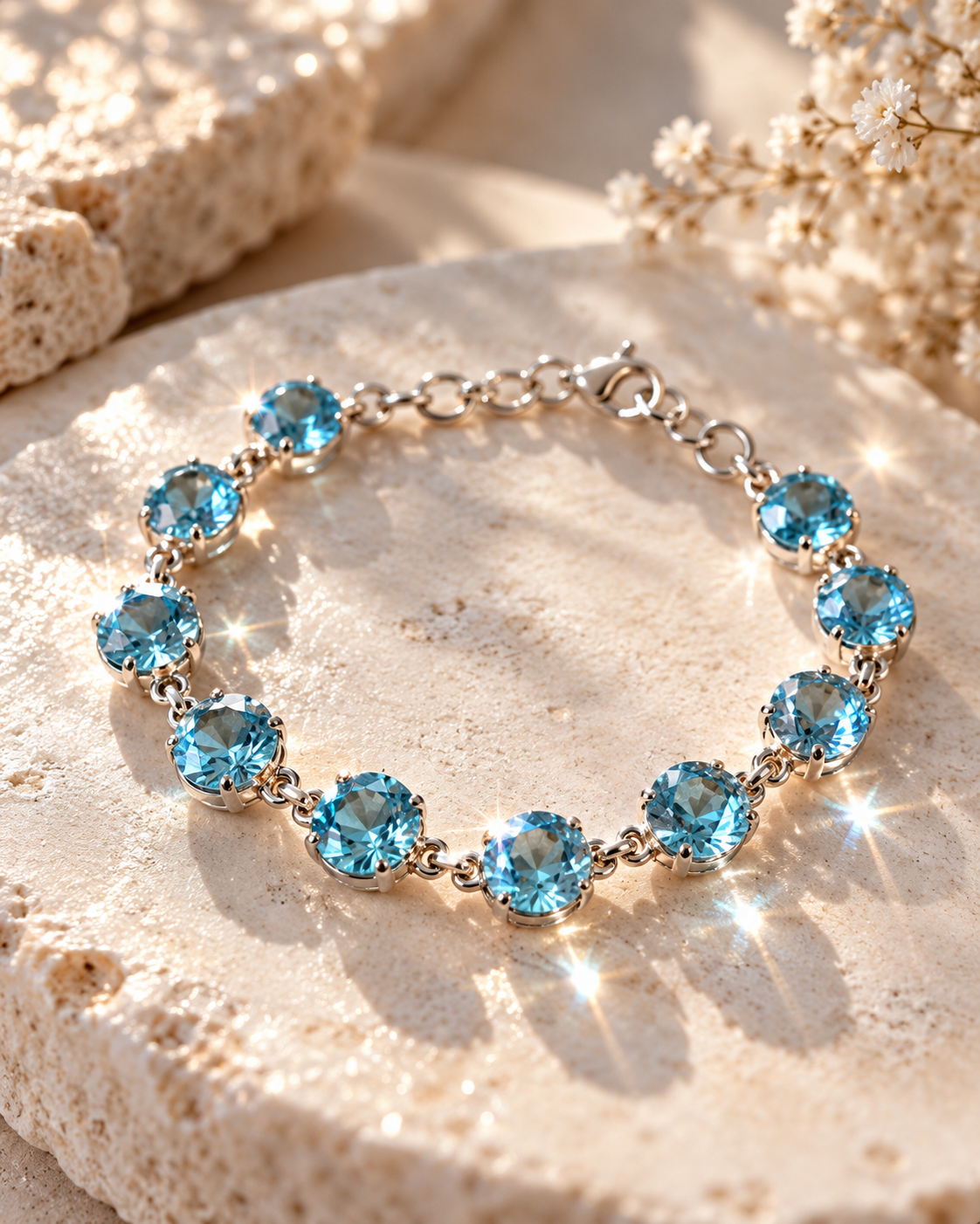 Exklusives Swiss Blue Topas Armband aus 925 Sterling Silber mit runden, facettierten, intensiv blauen Edelsteinen auf beigem Naturstein mit funkelnden Lichtreflexen.