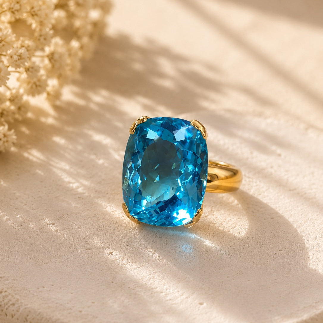 Swiss Blue Topas Ring aus 925 Sterling Silber vergoldet | Größe 60
