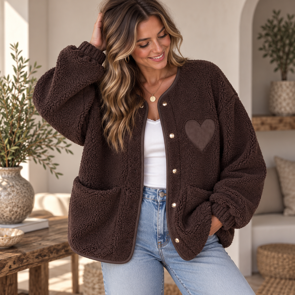 Teddy Jacke Schoko mit Herzdetail