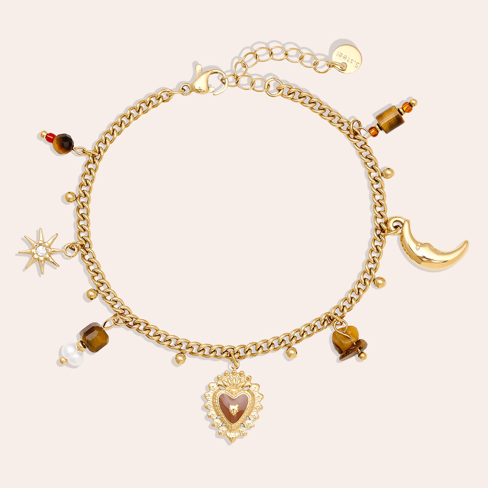 Tigerauge Charm Armband aus Edelstahl – Naturstein mit Zirkonia | 17 cm + Verlängerung