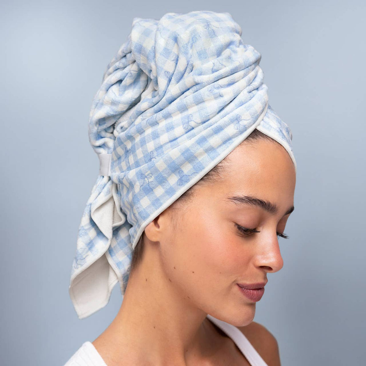 Kitsch Quick Dry Hair Towel Wrap – XL Mikrofaser-Haarturban | Gingham Bow Blue