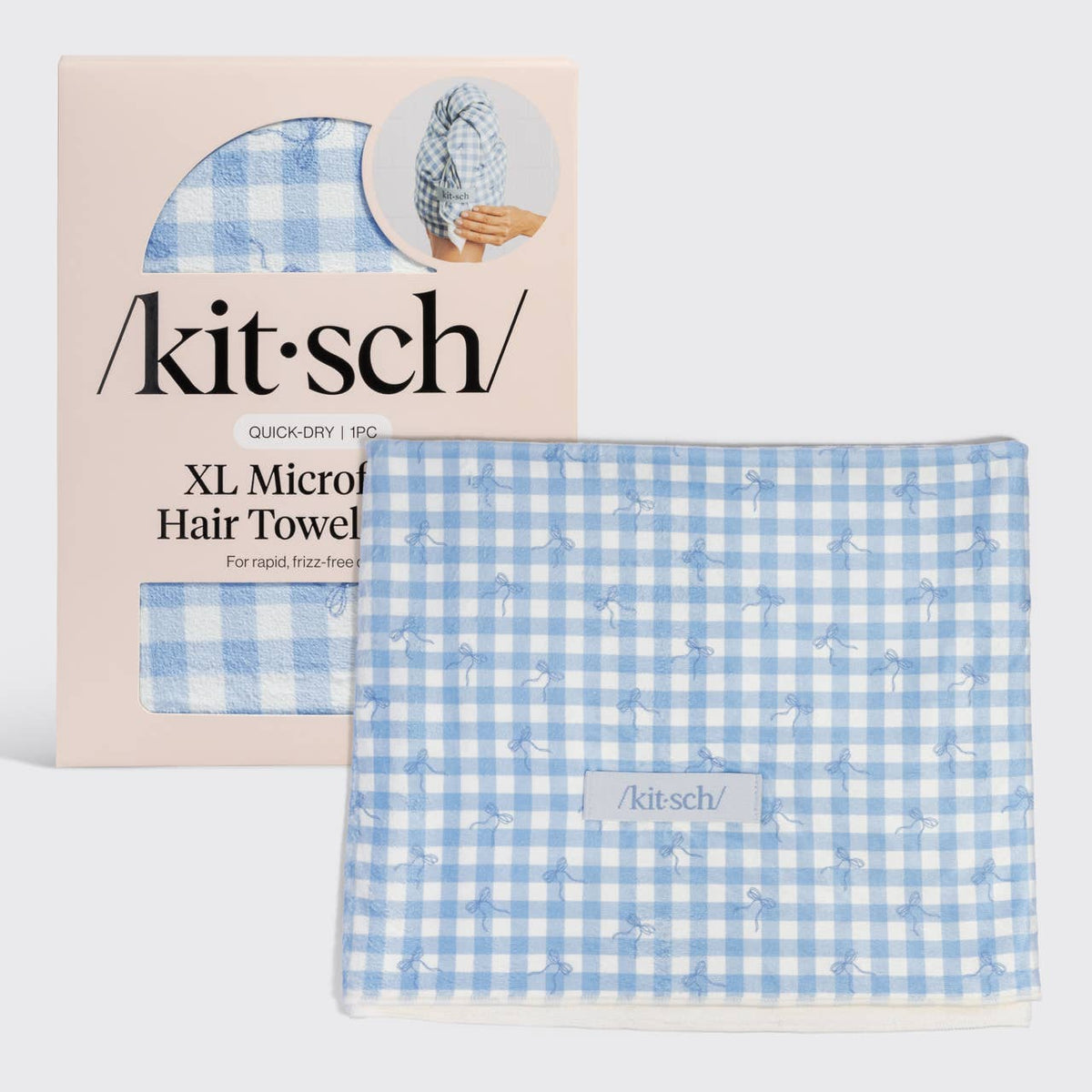 Kitsch Quick Dry Hair Towel Wrap – XL Mikrofaser-Haarturban | Gingham Bow Blue