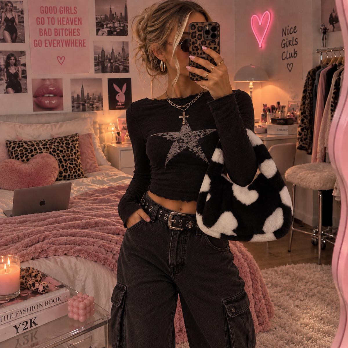 Kuscheltasche Y2K - Hearts Schwarz Weiß